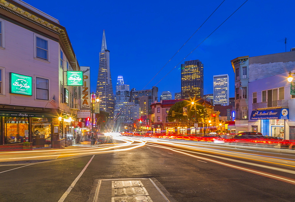 View of Transamerica Pyramid building on Columbus Avenue, North Beach, San Francisco, California, United States of America, North America