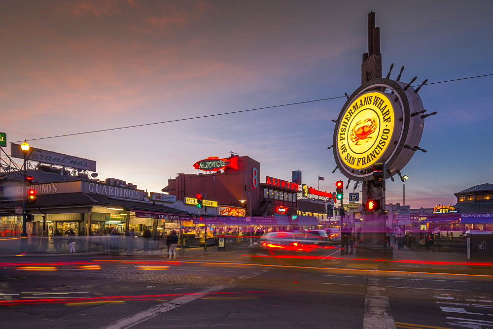 View of Fishermans Wharf sign illuminated at dusk, San Francisco, California, United States of America, North America