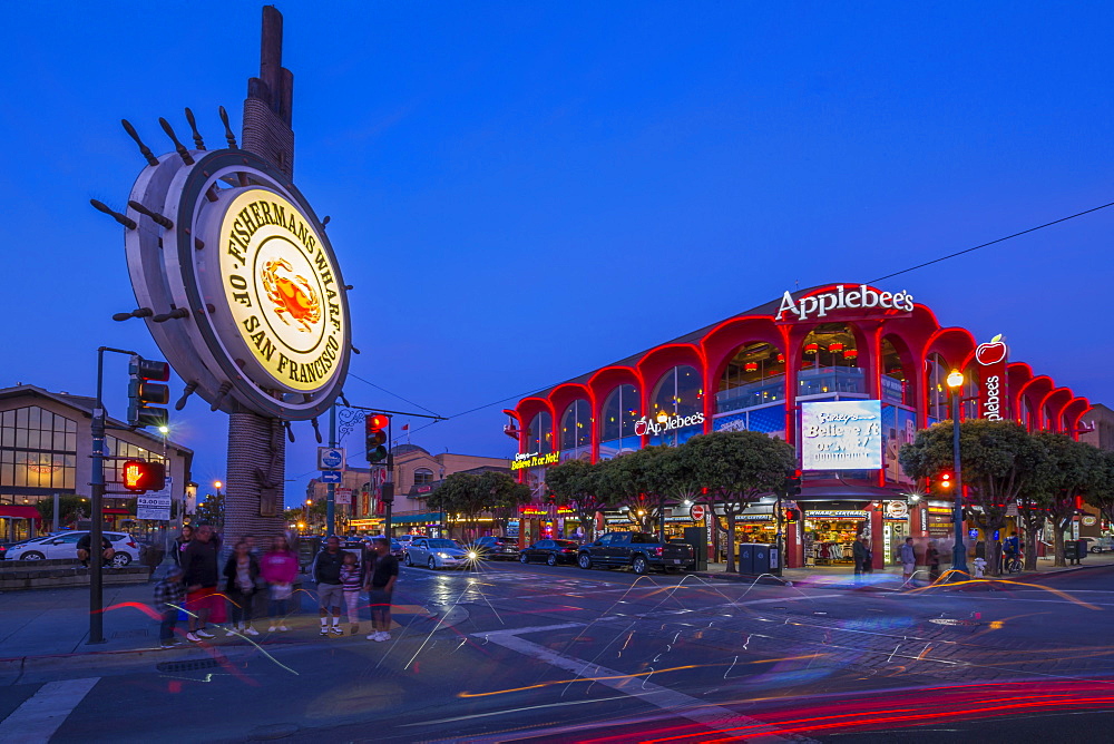 View of Fishermans Wharf sign illuminated at dusk, San Francisco, California, United States of America, North America