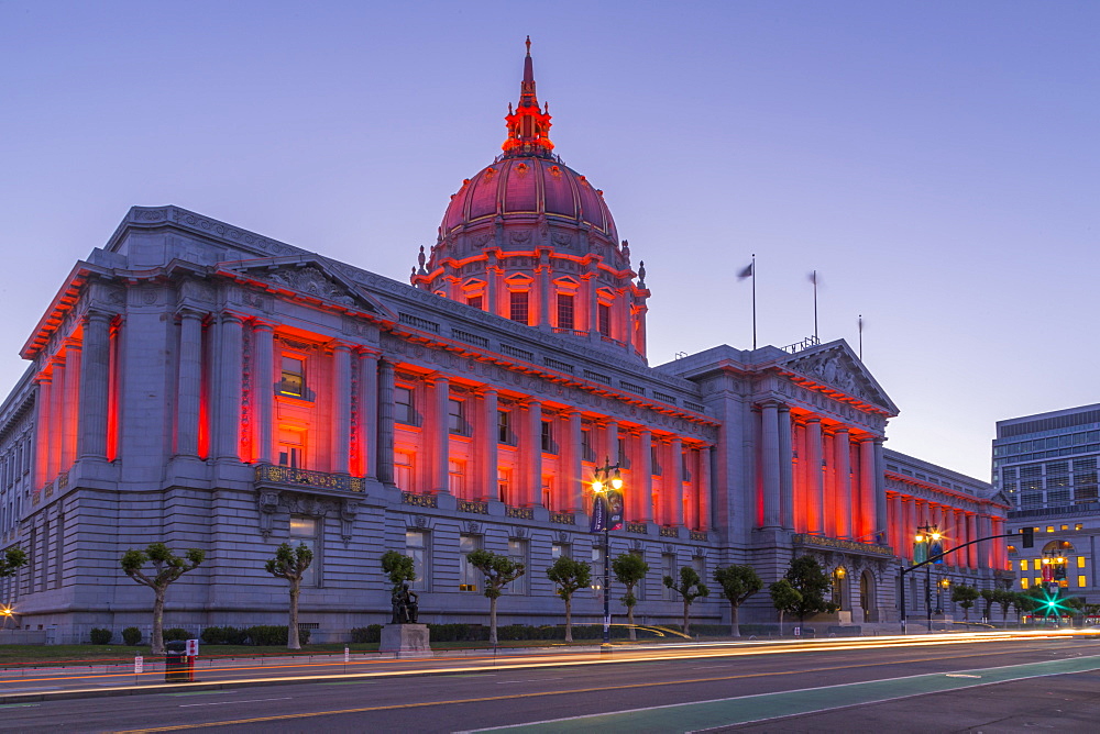 View of San Francisco City Hall illuminated at dusk, San Francisco, California, United States of America, North America