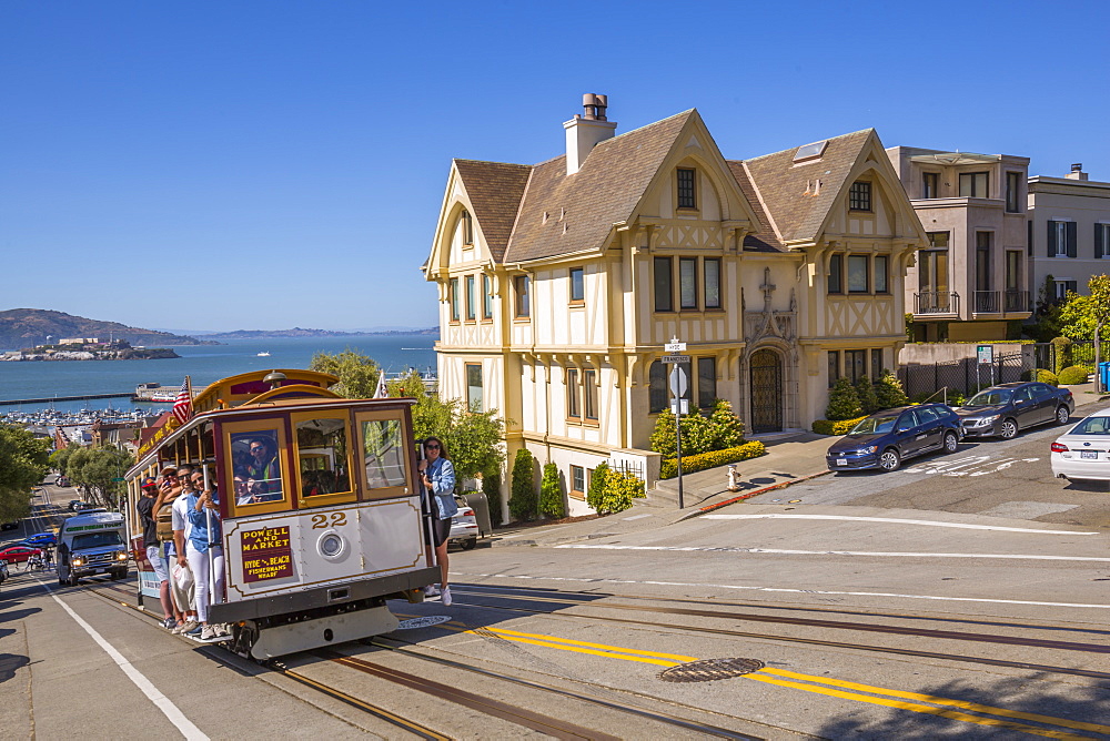 Cable Car on Hyde Street and Alcatraz visible in background, San Francisco, California, United States of America, North America