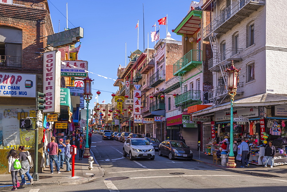 View of busy street in Chinatown, San Francisco, California, United States of America, North America