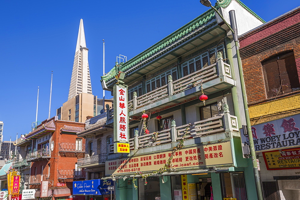 View of Transamerica Pyramid from Chinatown, San Francisco, California, United States of America, North America