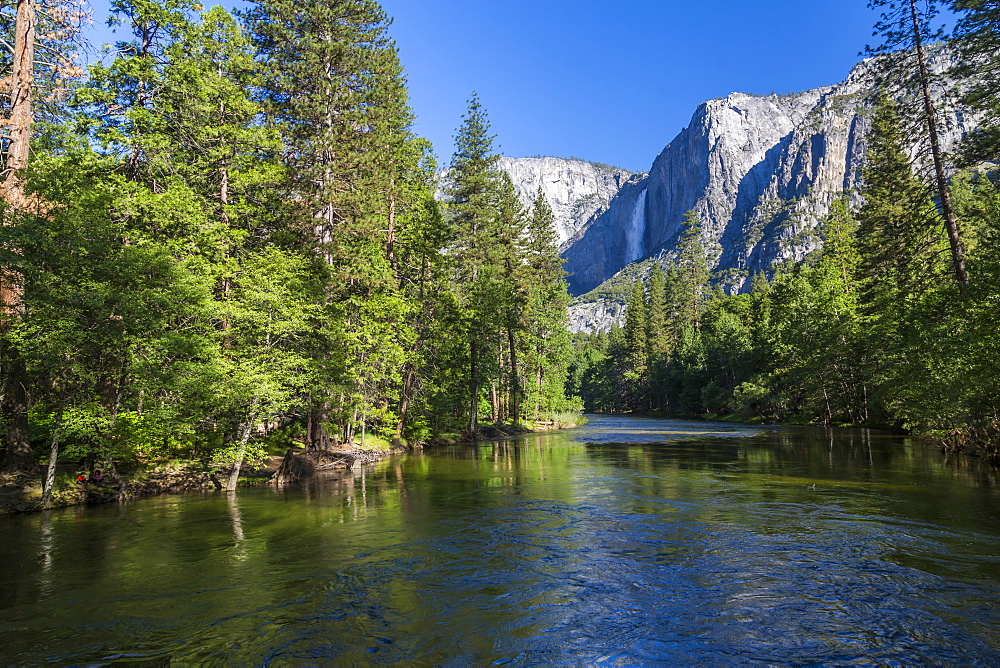 View of Merced River and Upper Yosemite Falls, Yosemite National Park, UNESCO World Heritage Site, California, United States of America, North America