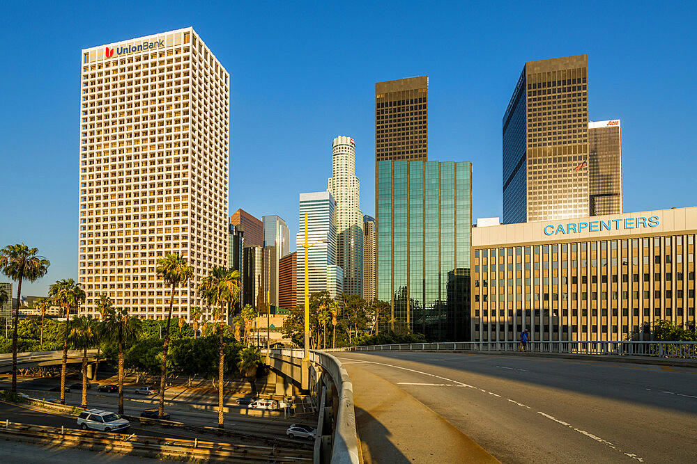 View of Downtown skyline during golden hour, Los Angeles, California, United States of America, North America