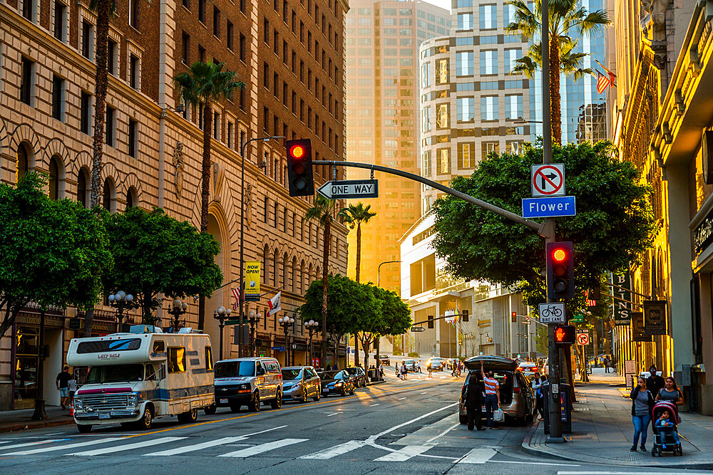 Street scene in Downtown Los Angeles during golden hour, Los Angeles, California, United States of America, North America