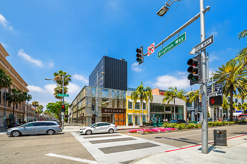 View of shops on Rodeo Drive, Beverly Hills, Los Angeles, California, United States of America, North America