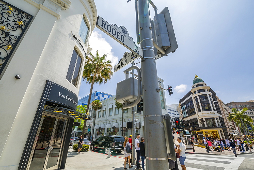 View of shops on Rodeo Drive, Beverly Hills, Los Angeles, California, United States of America, North America