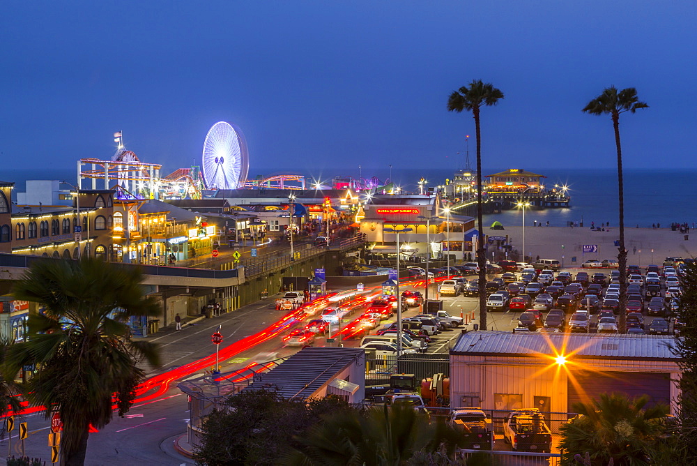 View of Santa Monica Pier at dusk, Santa Monica, Los Angeles, California, United States of America, North America