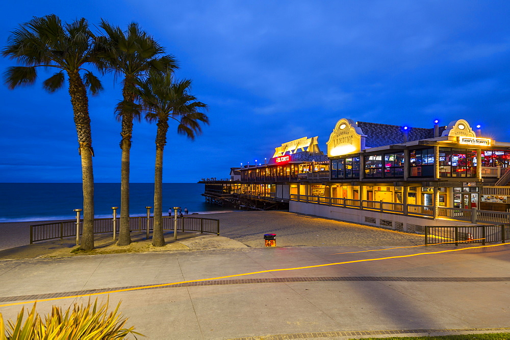 View of Redondo seafront pier at dusk, Los Angeles, California, United States of America, North America