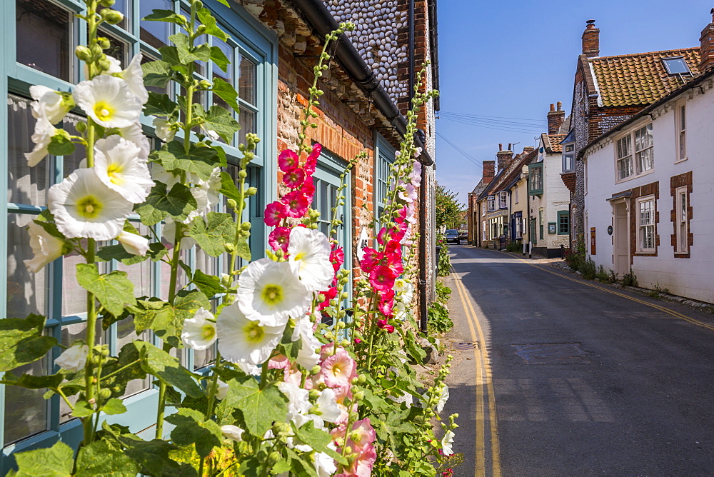 View of side street and summer blooms, Blakeney, Norfolk, England, United Kingdom, Europe