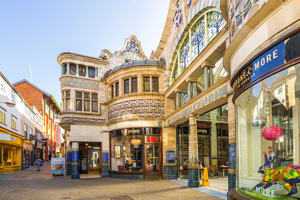 View of the entrance to The Royal Arcade, Norwich, Norfolk, England, United Kingdom, Europe