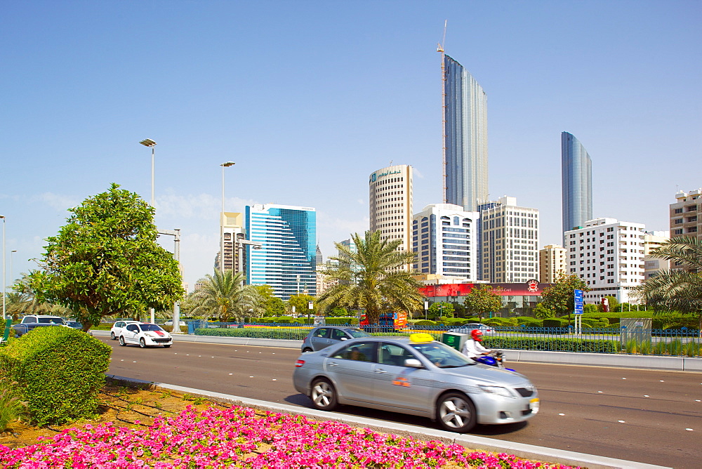 Contemporary architecture along the Corniche, Abu Dhabi, United Arab Emirates, Middle East