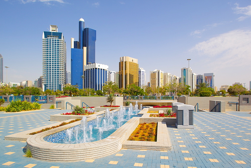 Contemporary architecture along the Corniche, Abu Dhabi, United Arab Emirates, Middle East