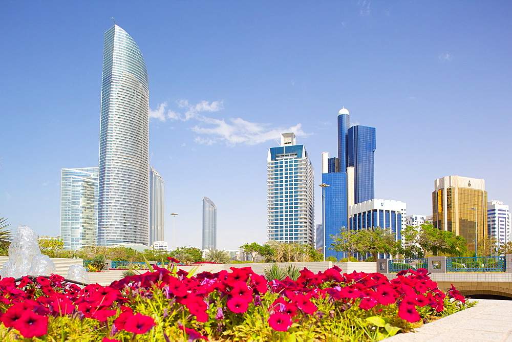 Contemporary architecture along the Corniche, Abu Dhabi, United Arab Emirates, Middle East