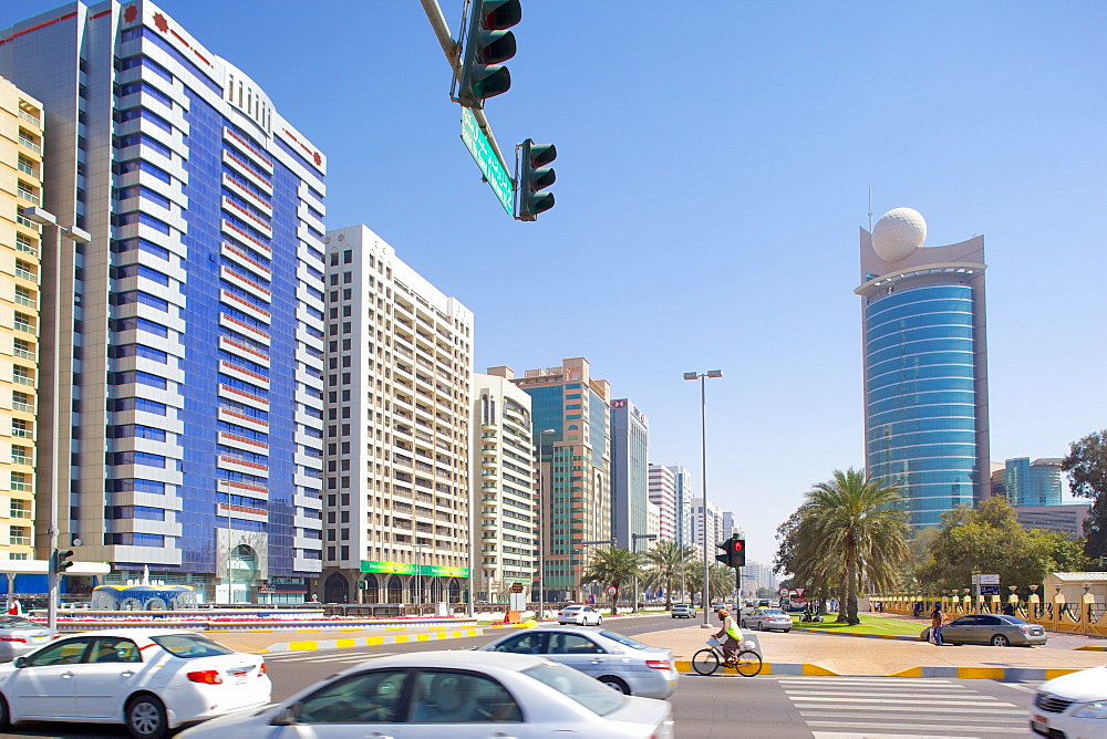 City skyline and Rashid Bin Saeed Al Maktoum Street, Abu Dhabi, United Arab Emirates, Middle East