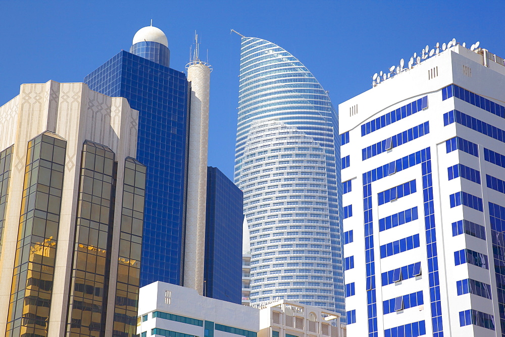 City skyline and Rashid Bin Saeed Al Maktoum Street, Abu Dhabi, United Arab Emirates, Middle East