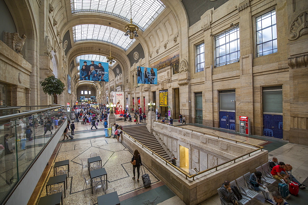 Elevated view of interior of main concourse, Milan Central Station, Milan, Lombardy, Italy, Europe