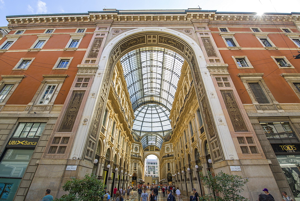 View of the exterior of Galleria Vittorio Emanuele II, Milan, Lombardy, Italy, Europe