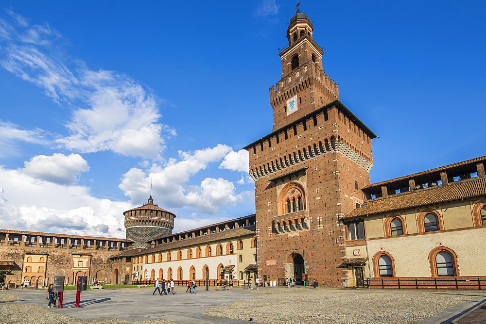 View of Castello Sforzesco (Sforza Castle) on a bright sunny day, Milan, Lombardy, Italy, Europe