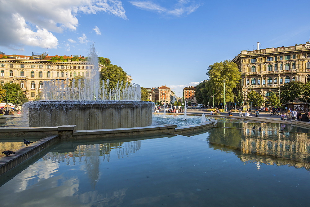 View of fountain close to Castello Sforzesco (Sforza Castle) on a bright sunny day, Milan, Lombardy, Italy, Europe