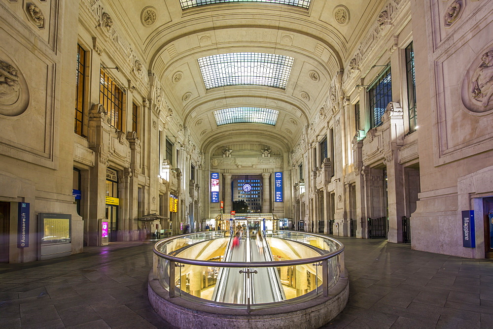 View of interior of Milan Central Station at dusk, Milan, Lombardy, Italy, Europe