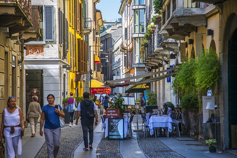 Restaurants and bars and colourful architecture on Via Fiori Chiari in Brera District, Milan, Lombardy, Italy, Europe