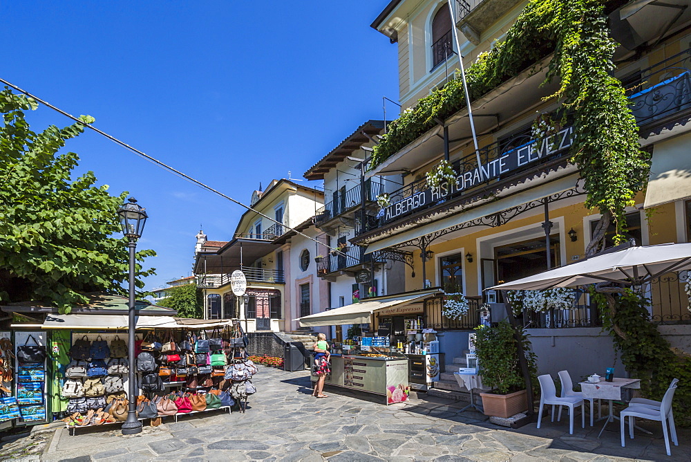 Souvenirs stalls and cafe on Isola dei Pescatori, Borromean Islands, Lago Maggiore, Piedmont, Italian Lakes, Italy, Europe