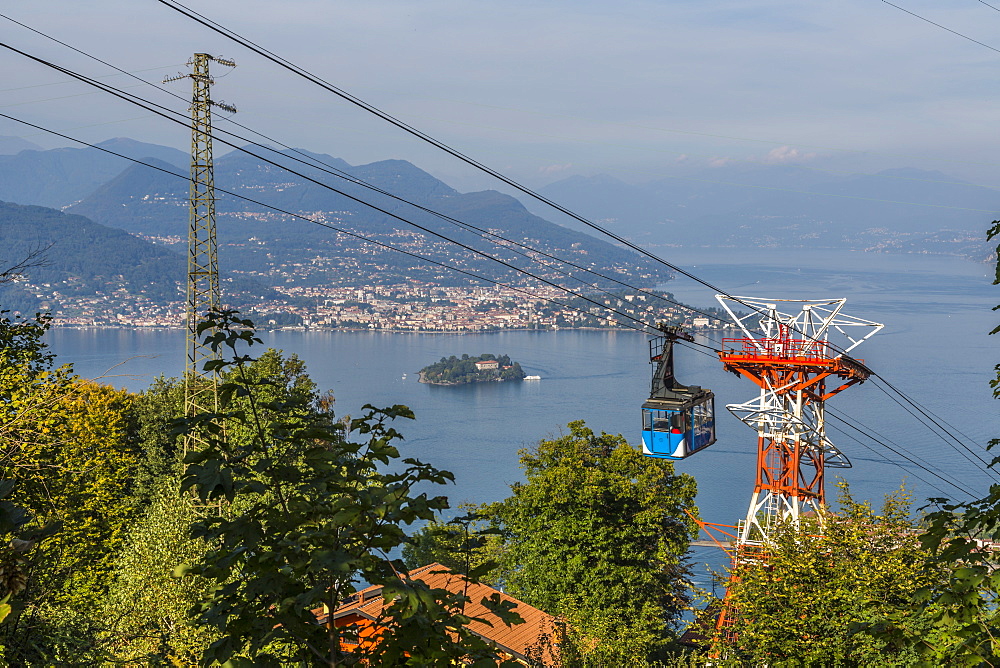 View of Cableway Stresa Mottarone and Lake Maggiore from elevated position above Stresa, Piedmont, Italian Lakes, Italy, Europe