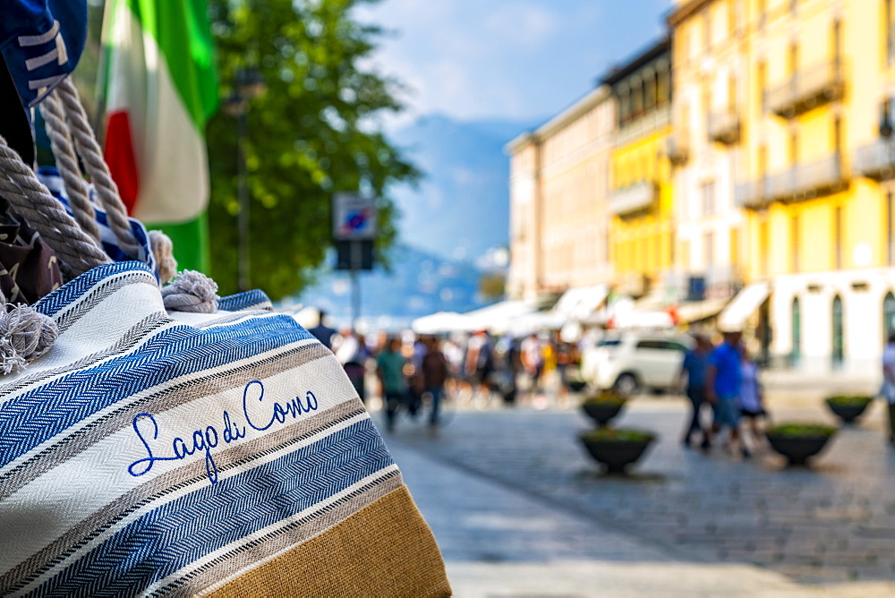 View of souvenir bags and shopping in Como, Province of Como, Lake Como, Lombardy, Italian Lakes, Italy, Europe