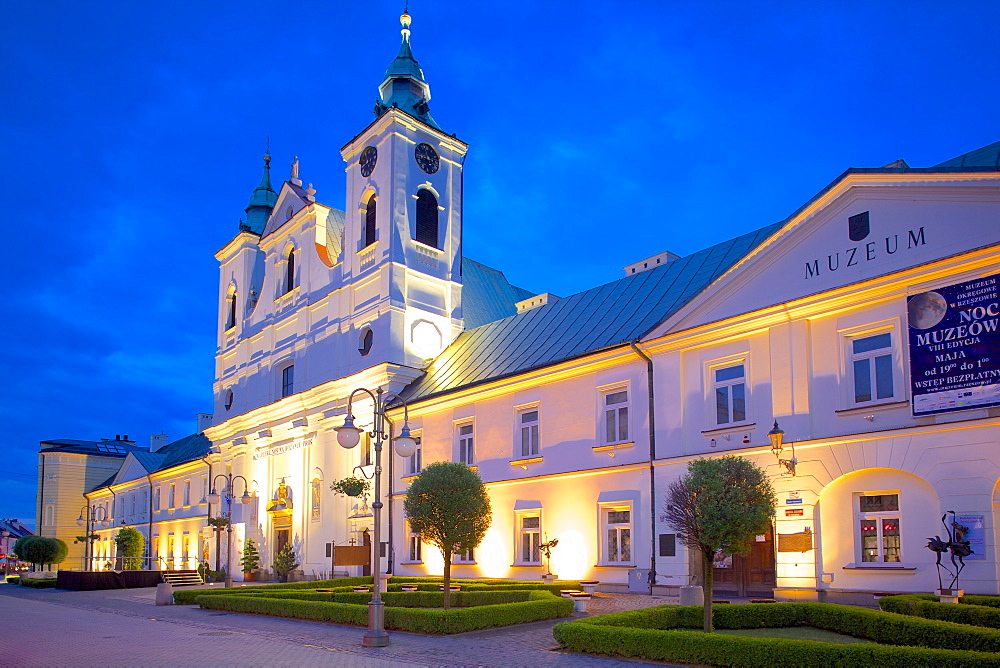 Old Convent of Piarist Friars and St. Cross Church at dusk, Rzeszow, Poland, Europe