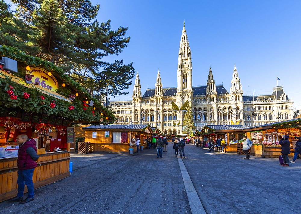 View of Rathaus and Christmas Market in Rathausplatz, Vienna, Austria, Europe