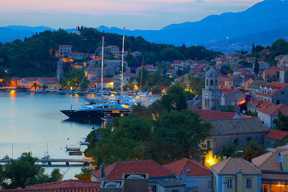 View over Old Town at dusk, Cavtat, Dubrovnik Riviera, Dalmatian Coast, Dalmatia, Croatia, Europe 