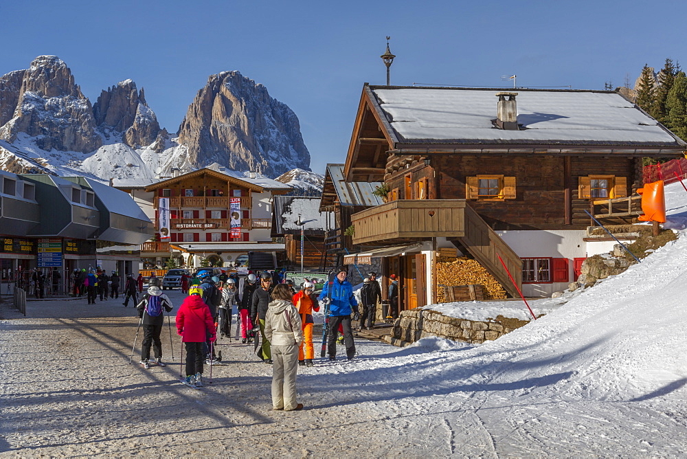 Ski village at Pecol and Grohmannspitze Punta Grohmann in winter, Canazei, Val di Fassa, Trentino, Italy, Europe