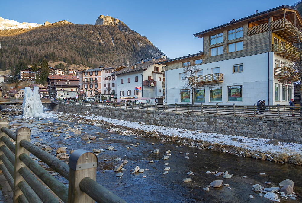 View of Moena and Avisio River in winter, Province of Trento, South Tyrol, Italy, Europe