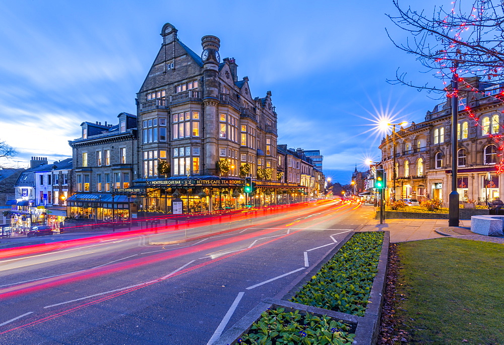 View of Parliament Street at Christmas, Harrogate, North Yorkshire, England, United Kingdom, Europe