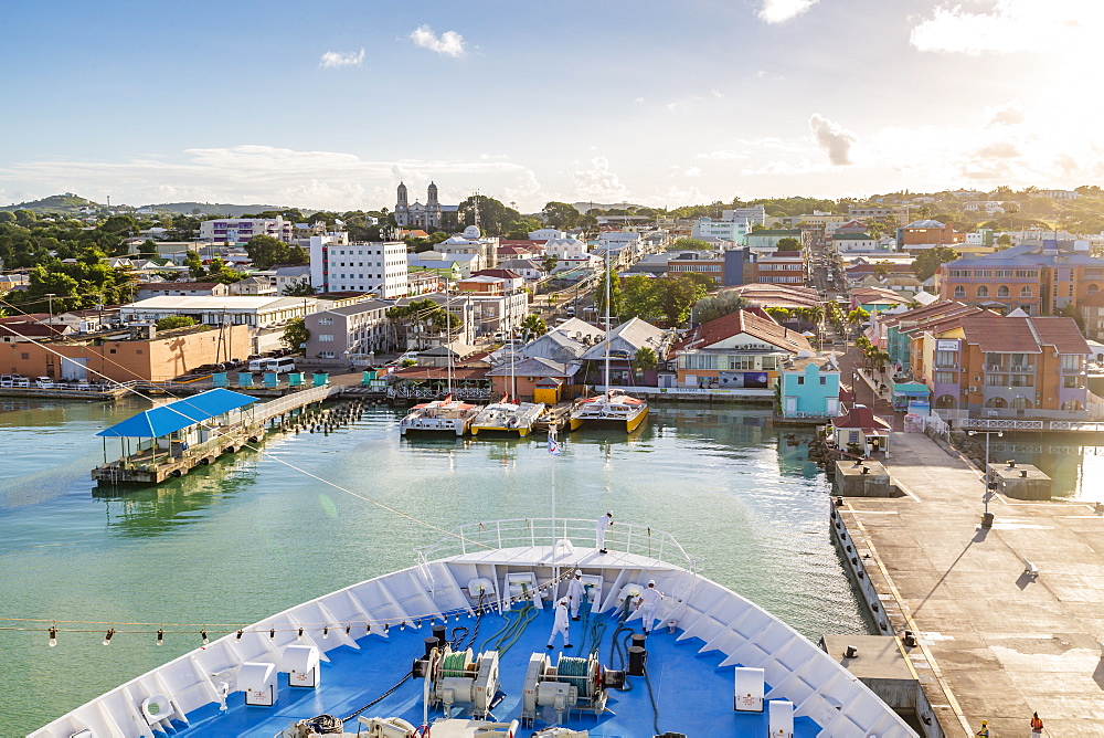 Onboard cruise ship entering Heritage Quay, St. John's, Antigua, West Indies, Caribbean, Central America