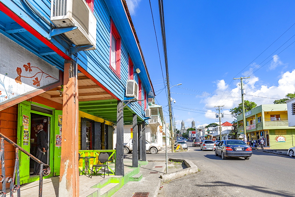 View of shop and Cathedral on Newgate Street, St. John's, Antigua, West Indies, Caribbean, Central America