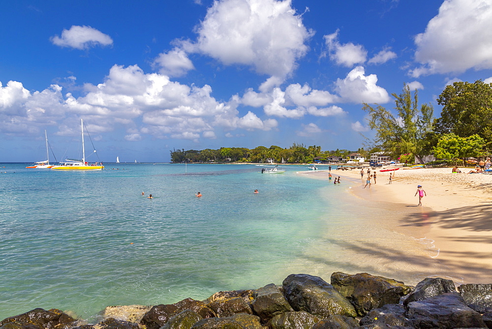 View of beach and Caribbean Sea at Holetown, Barbados, West Indies, Caribbean, Central America