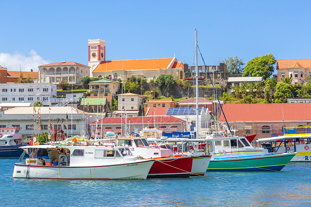 View over the Carenage to St. Georges Parish Church, St. George's, Grenada, Windward Islands, West Indies, Caribbean, Central America