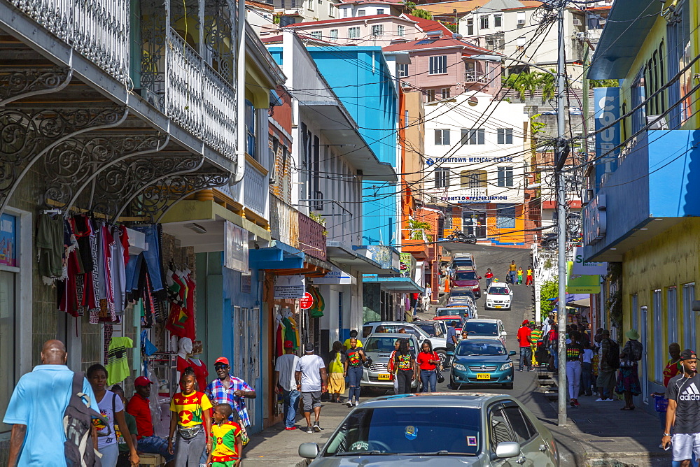 View of busy street in St. George's, Grenada, Windward Islands, West Indies, Caribbean, Central America