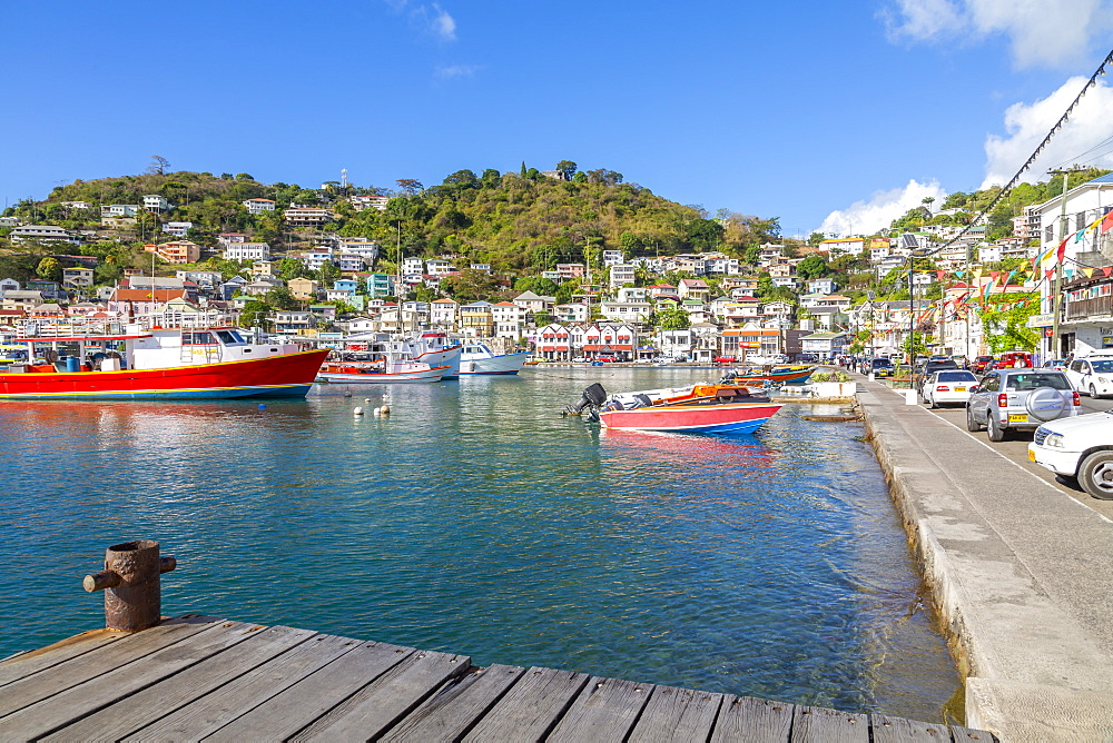 Colourful boats and houses on the Carenage of St. George's, Grenada, Windward Islands, West Indies, Caribbean, Central America