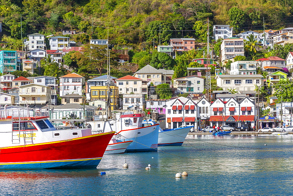 Colourful boats and houses on the Carenage of St. George's, Grenada, Windward Islands, West Indies, Caribbean, Central America