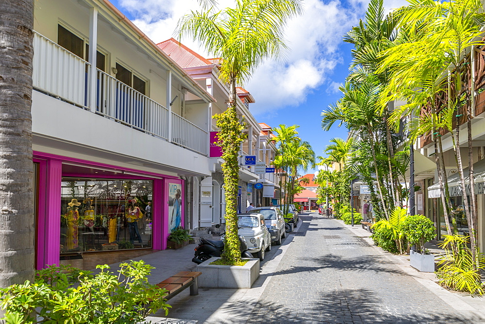 View of shops and buildings in town, Gustavia, St. Barthelemy (St. Barts) (St. Barth), West Indies, Caribbean, Central America