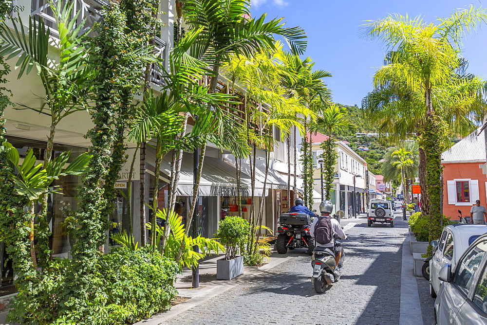 View of shops and buildings in town, Gustavia, St. Barthelemy (St. Barts) (St. Barth), West Indies, Caribbean, Central America