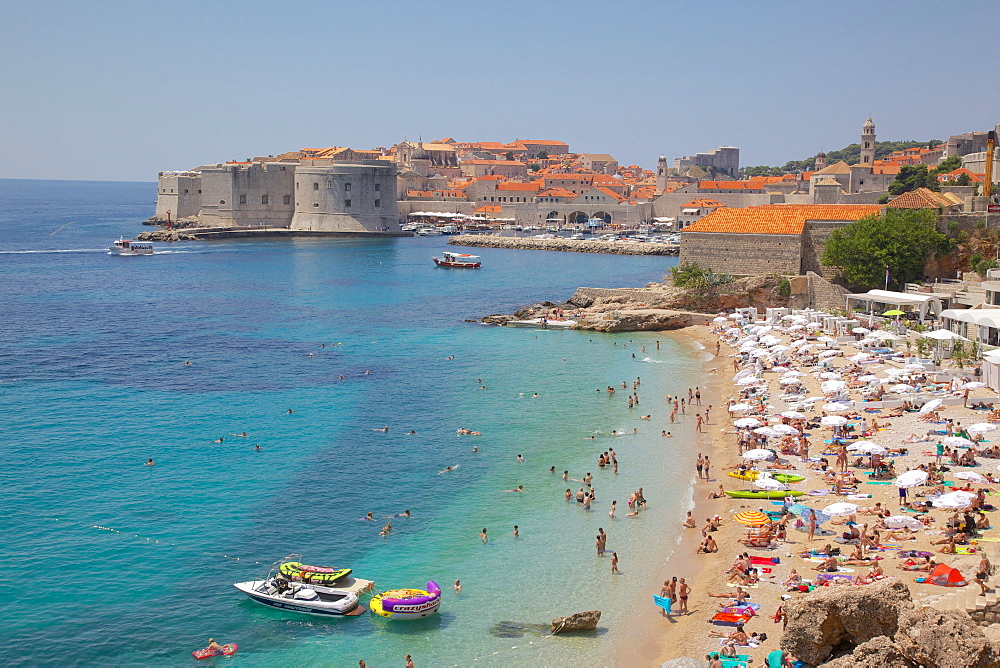 View of Old Town, UNESCO World Heritage Site, and Ploce Beach, Dubrovnik, Dalmatian Coast, Croatia, Europe