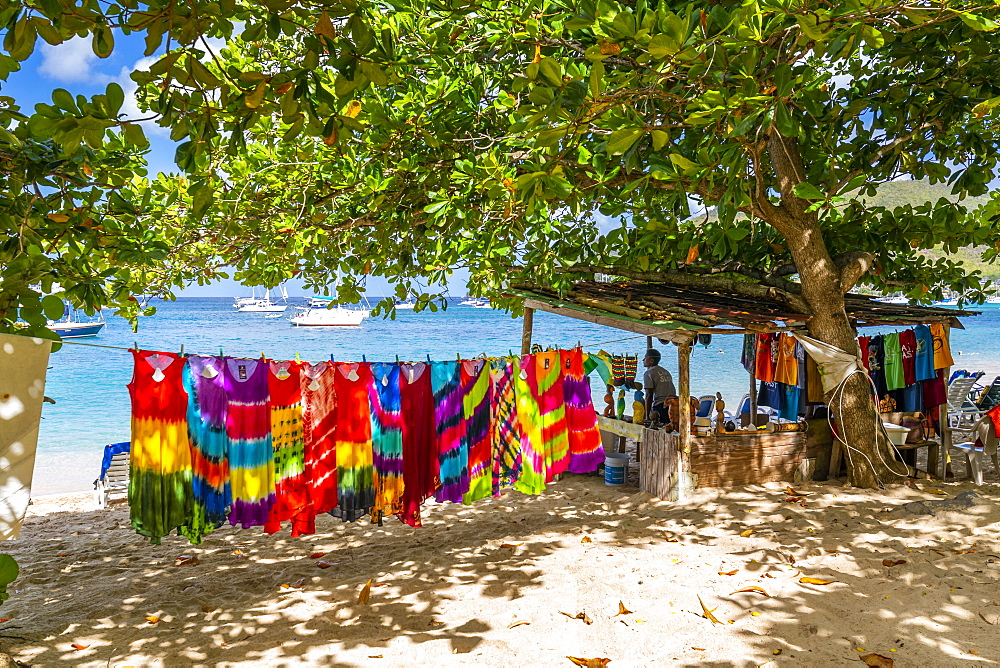 Colourful garments at Port Elizabeth, Admiralty Bay, Bequia, The Grenadines, St. Vincent and the Grenadines, Windward Islands, West Indies, Caribbean, Central America