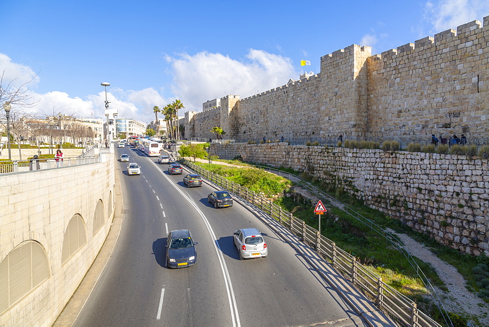 View of Old City wall from Jaffa Gate, Old City, UNESCO World Heritage Site, Jerusalem, Israel, Middle East