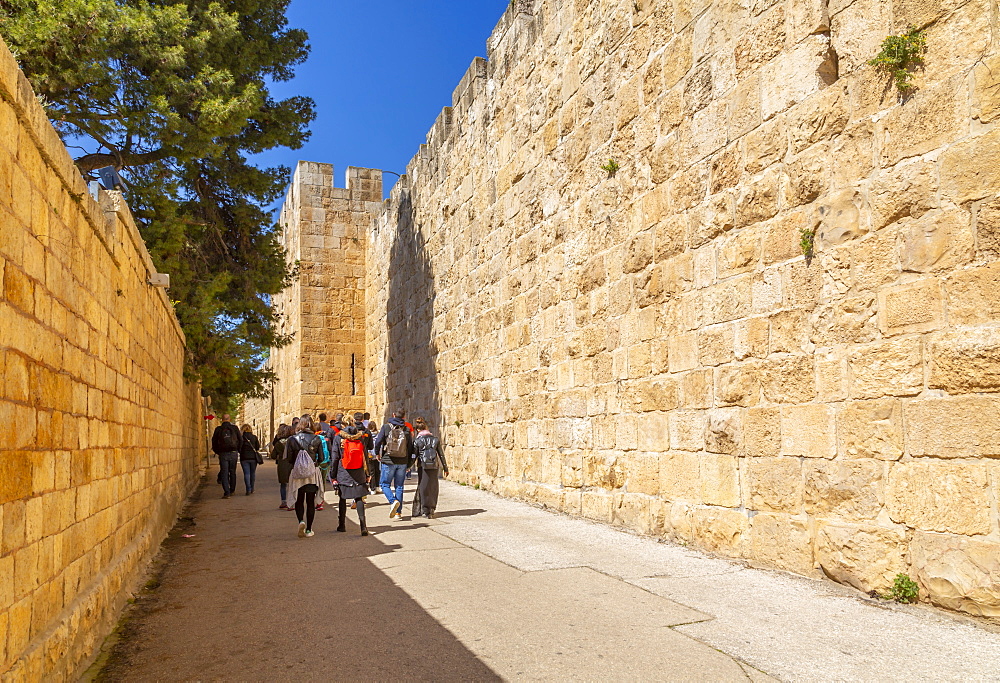 Tour group at Old City Wall, Old City, Old City, UNESCO World Heritage Site, Jerusalem, Israel, Middle East