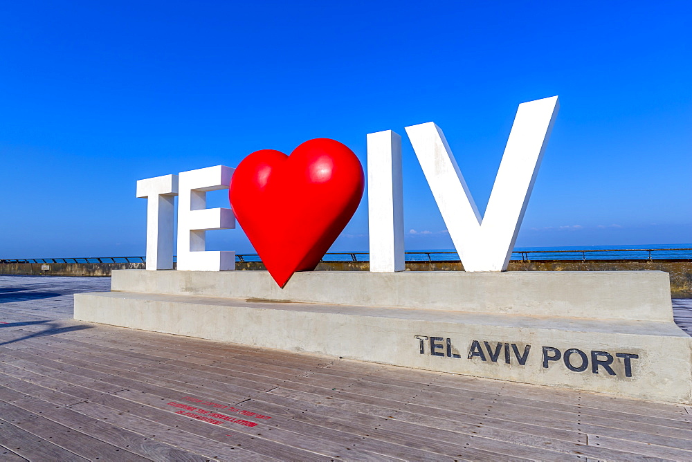 View of Tel Aviv sign with red heart in Old Port, Tel Aviv, Israel, Middle East